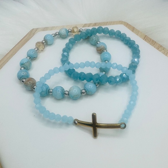 Stainless Steel Cross beaded Arm Candy  Bracelet -  Blue Marine - Picture 6 of 6